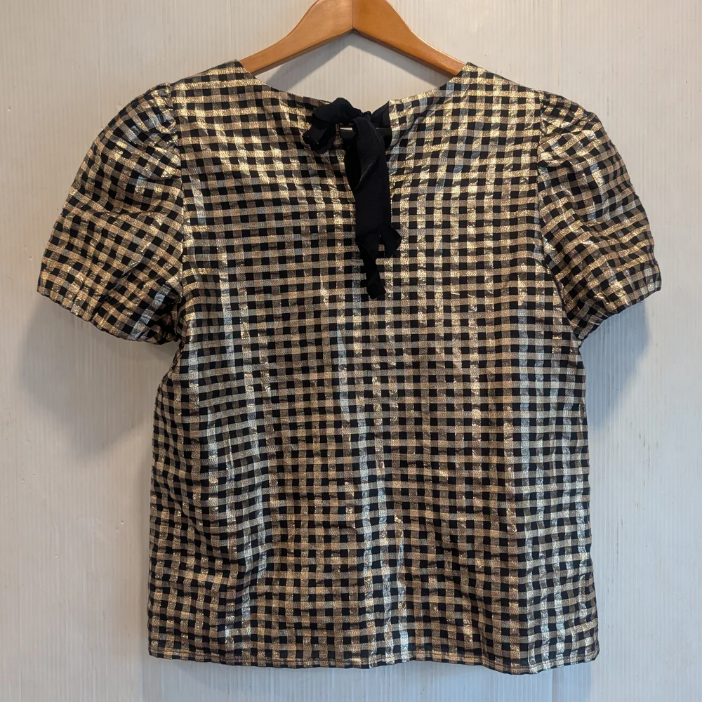 J. CREW Women's Black and Gold Gingham Blouse Holiday Size Medium - Picture 7 of 10